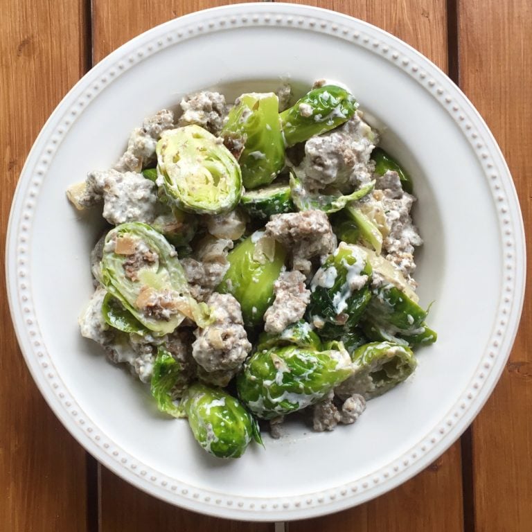 Creamy Brussel Sprouts with Ground Beef | Milk & Honey Nutrition Creamy Brussel Sprouts with Ground Beef