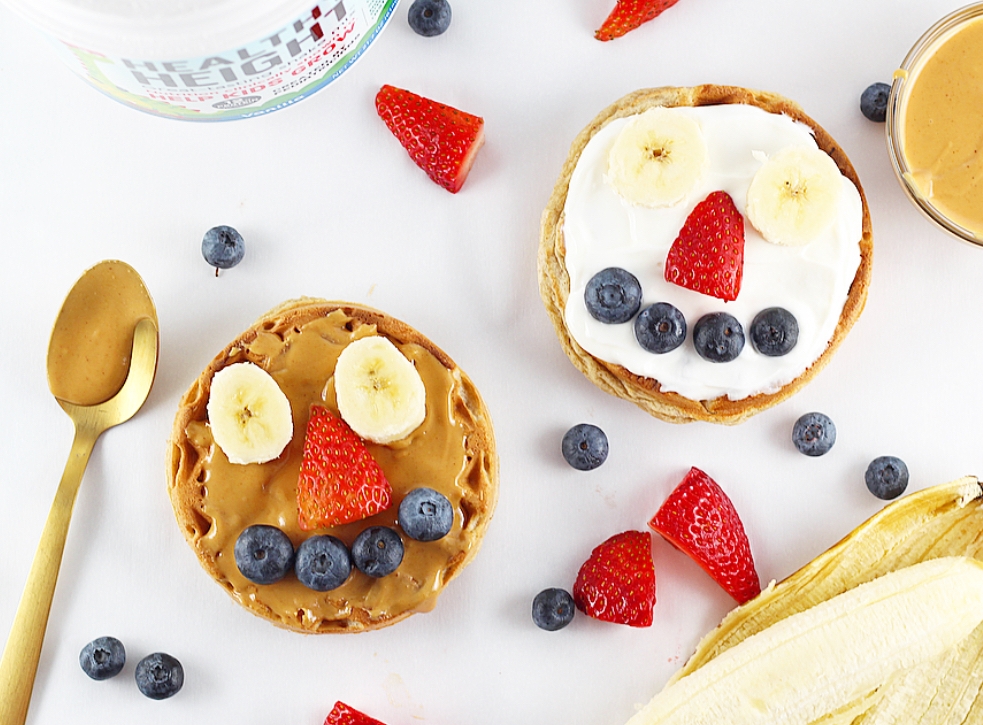  Top your homemade toaster waffles with unsweetened peanut butter or whole milk yogurt and use some fresh produce to make fun faces! 