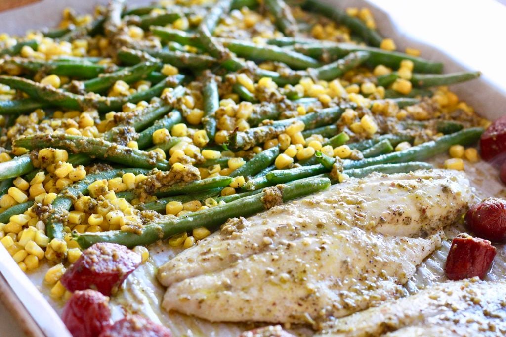 15-minute surf & turf pesto sheet pan dinner | Milk & Honey Nutrition food order and blood sugar 15-minute surf & turf pesto sheet pan dinner