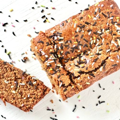 Almond Flour Banana Bread flat lay | Milk & Honey Nutrition loaf of banana bread made with almond flour