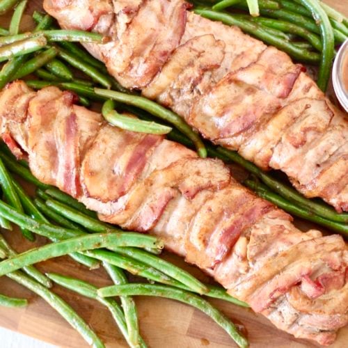Grilled Bacon Wrapped Pork Tenderloin 8 | Milk & Honey Nutrition pork tenderloin with bacon and green beans and peach barbecue sauce