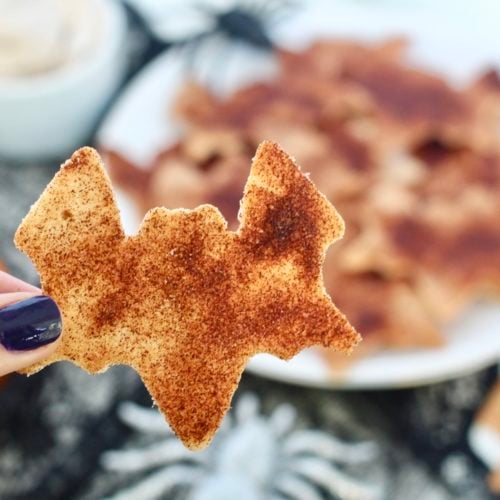 Festive Cinnamon Sugar Tortilla Chips 9 | Milk & Honey Nutrition cinnamon sugar tortilla chip in bat shape