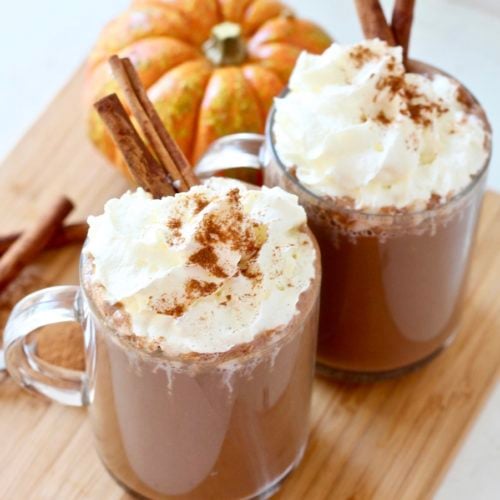 Low Sugar Crock-Pot Pumpkin Spice Hot Chocolate IG | Milk & Honey Nutrition hot chocolate with chipped cream and cinnamon sticks