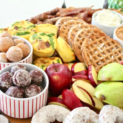 Breakfast waffle charcuterie board 10 | Milk & Honey Nutrition breakfast charcuterie board for christmas with waffles and donuts