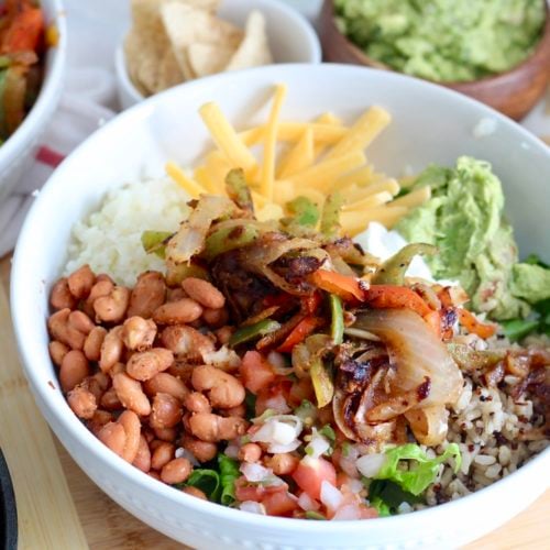 low carb burrito bowl 5 | Milk & Honey Nutrition low carb burrito bowl in white bowl