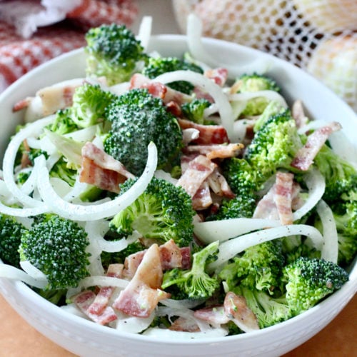 low carb broccoli salad 11 | Milk & Honey Nutrition low carb broccoli salad with vidalia onions in white bowl