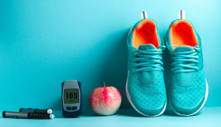 blood sugar meter apple and shoes for exercise and diabetes