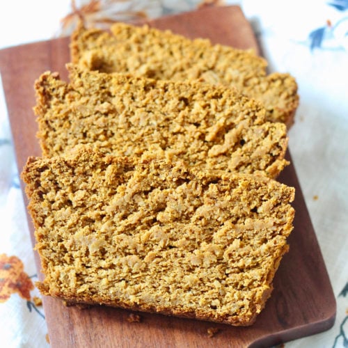 gluten free pumpkin bread 2 | Milk & Honey Nutrition low carb gluten free pumpkin bread on wooden cutting board