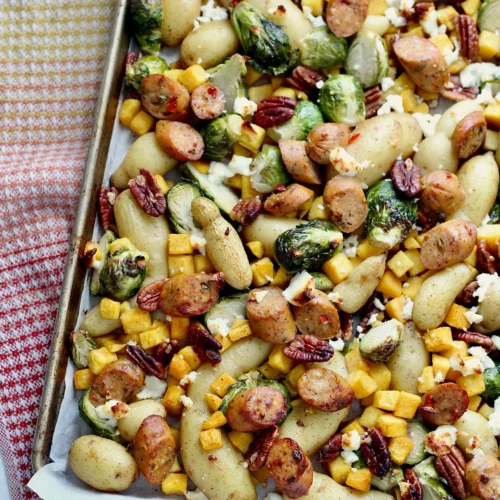 harvest sheet pan dinner 5 | Milk & Honey Nutrition Harvest Sheet‑Pan Dinner Chicken Apple Sausage, Butternut, Brussels Sprouts, Pecans