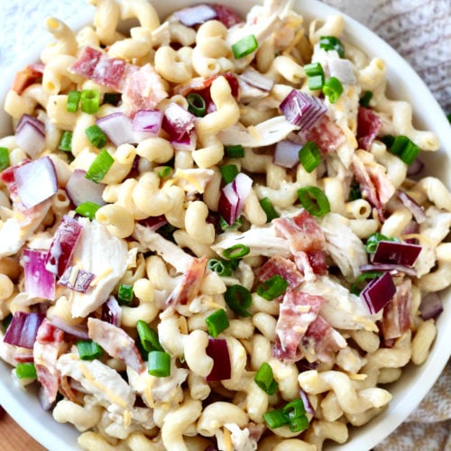 chicken bacon ranch pasta 4 | Milk & Honey Nutrition chicken bacon ranch pasta salad in white bowl