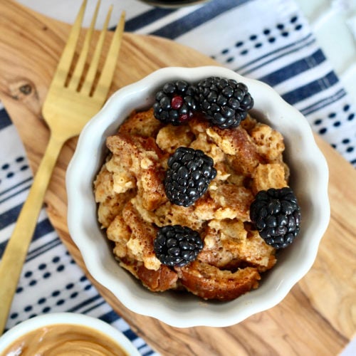 microwave french toast 1 | Milk & Honey Nutrition microwave french toast in mug with blackberries and peanut butter