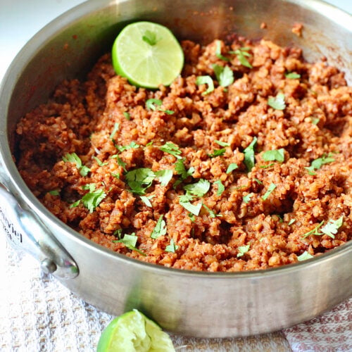 low carb mexican cauliflower rice 2 | Milk & Honey Nutrition low carb mexican cauliflower rice in stainless steel pan