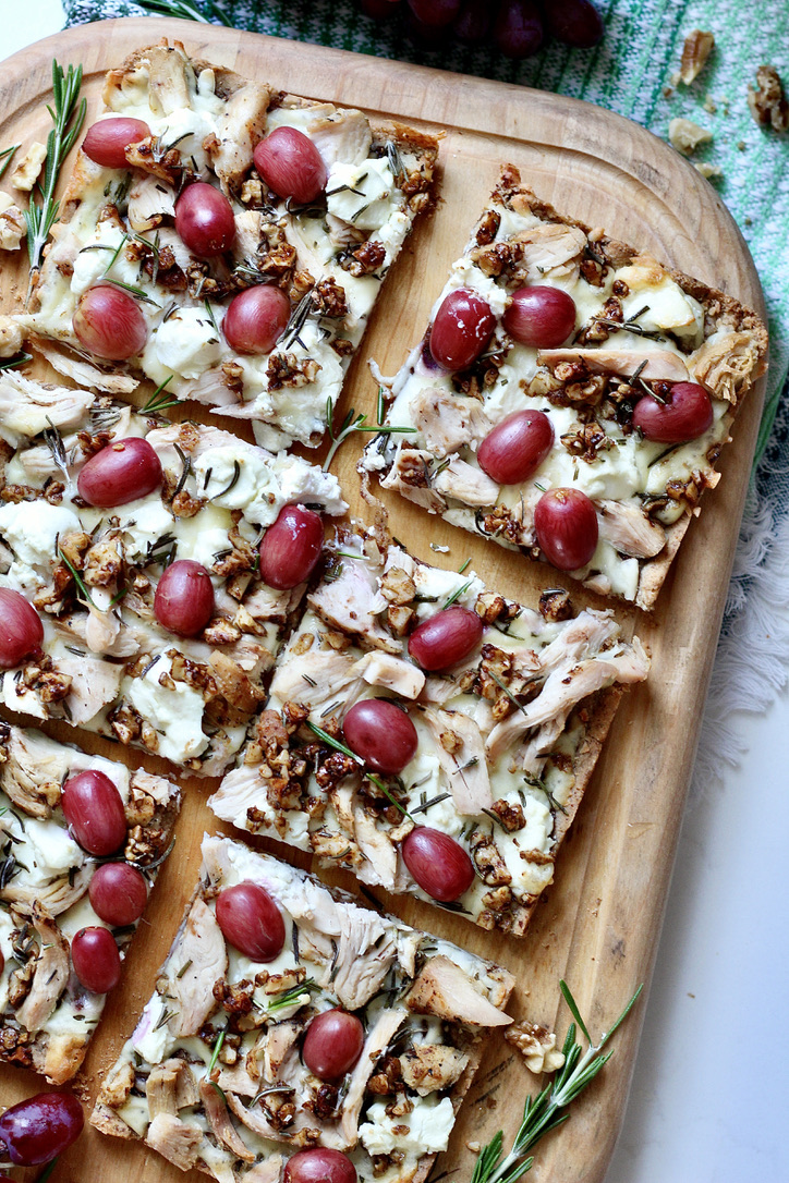 grape pizza with grilled chicken and almond flour crust