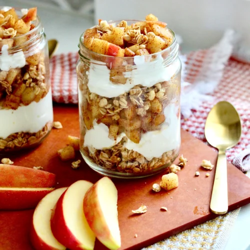 cinnamon apple greek yogurt parfait 7 | Milk & Honey Nutrition cinnamon apple greek yogurt parfait in glass jar