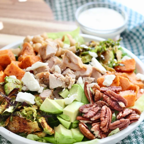 high protein chopped salad 3 | Milk & Honey Nutrition high protein chopped salad with sweet potatoes and brussel sprouts