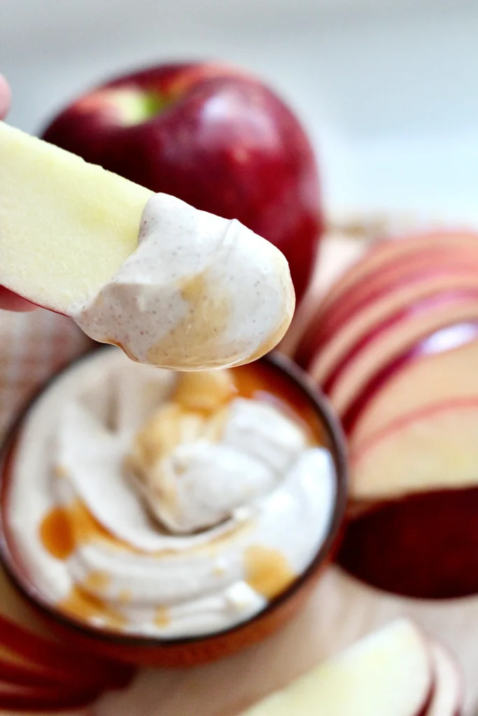 caramel apple cottage cheese dip 3 | Milk & Honey Nutrition caramel apple cottage cheese dip on a cosmic crisp apple slice