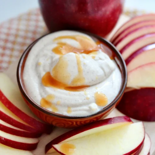 caramel apple cottage cheese dip | Milk & Honey Nutrition caramel apple cottage cheese dip no bake with cosmic crisp apple slices